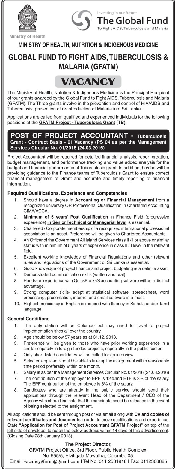 Project Accountant - Ministry of Health, Nutrition & Indigenous Medicine